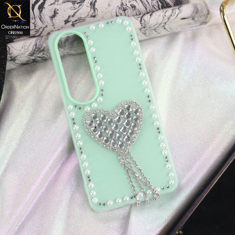 Samsung Galaxy S21 Ultra 5G Cover - Sea green -  Stuninng Pearls And Heart Shaped RhineStones Hard Case With Double Protective Layers