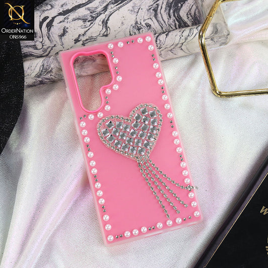 Samsung Galaxy S22 Ultra 5G Cover - Pink -  Stuninng Pearls And Heart Shaped RhineStones Hard Case With Double Protective Layers
