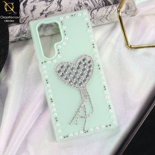 Samsung Galaxy S22 Ultra 5G Cover - Sea green -  Stuninng Pearls And Heart Shaped RhineStones Hard Case With Double Protective Layers
