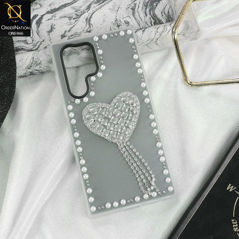 Samsung Galaxy S23 Ultra 5G Cover - Black -  Stuninng Pearls And Heart Shaped RhineStones Hard Case With Double Protective Layers