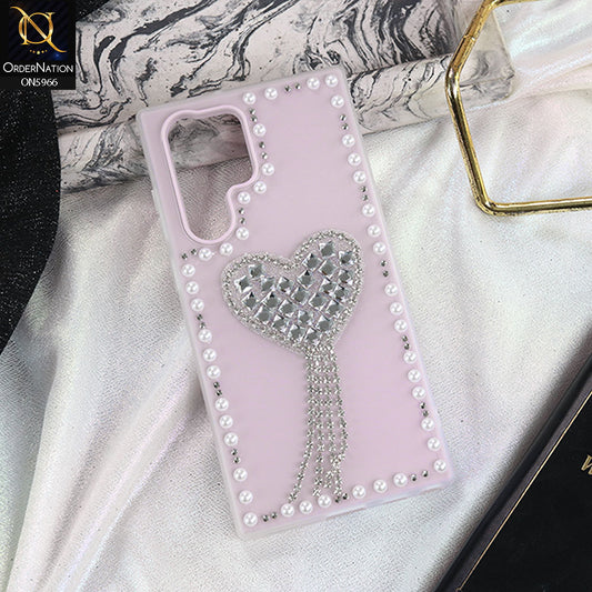 Samsung Galaxy S23 Ultra 5G Cover - Purple -  Stuninng Pearls And Heart Shaped RhineStones Hard Case With Double Protective Layers