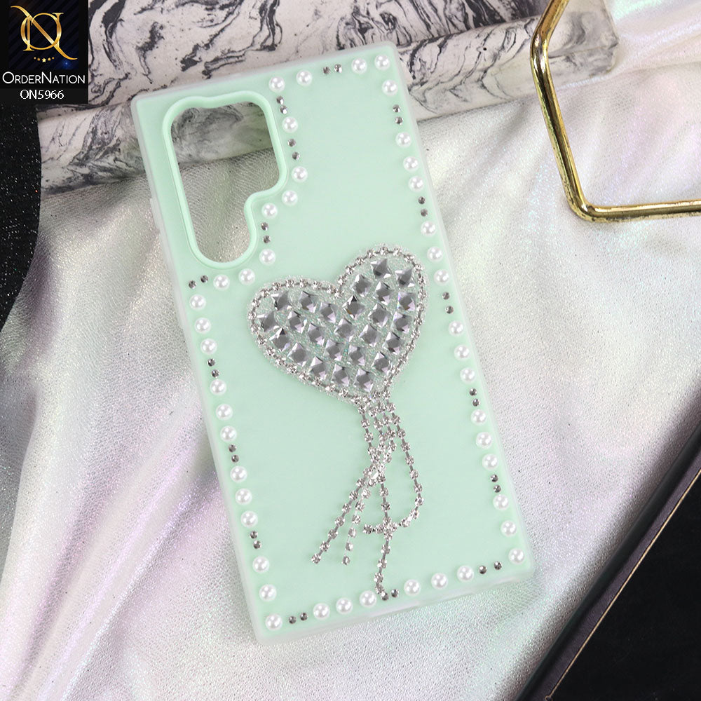 Samsung Galaxy S23 Ultra 5G Cover - Sea green -  Stuninng Pearls And Heart Shaped RhineStones Hard Case With Double Protective Layers