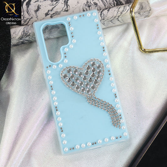 Samsung Galaxy S23 Ultra 5G Cover - SkyBlue -  Stuninng Pearls And Heart Shaped RhineStones Hard Case With Double Protective Layers