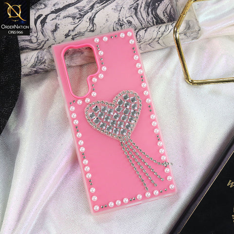 Samsung Galaxy S24 Ultra Cover - Pink -  Stuninng Pearls And Heart Shaped RhineStones Hard Case With Double Protective Layers