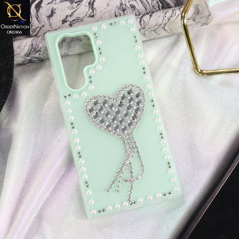Samsung Galaxy S24 Ultra Cover - Sea green -  Stuninng Pearls And Heart Shaped RhineStones Hard Case With Double Protective Layers