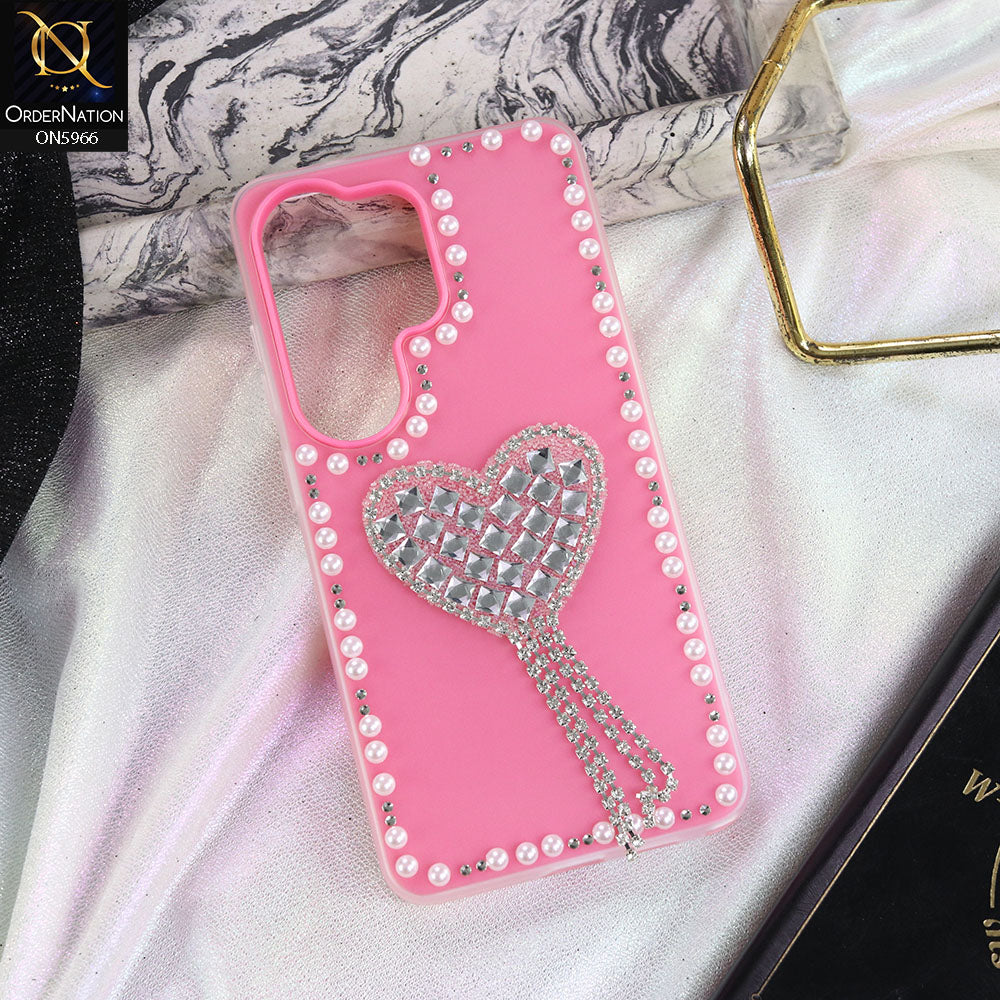 Samsung Galaxy S26 Ultra Cover - Pink -  Stuninng Pearls And Heart Shaped RhineStones Hard Case With Double Protective Layers