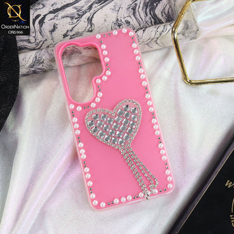 Samsung Galaxy S26 Ultra Cover - Pink -  Stuninng Pearls And Heart Shaped RhineStones Hard Case With Double Protective Layers