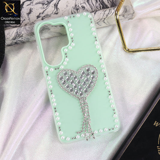 Samsung Galaxy S26 Ultra Cover - Sea green -  Stuninng Pearls And Heart Shaped RhineStones Hard Case With Double Protective Layers