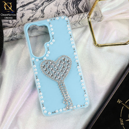 Samsung Galaxy S26 Ultra Cover - SkyBlue -  Stuninng Pearls And Heart Shaped RhineStones Hard Case With Double Protective Layers
