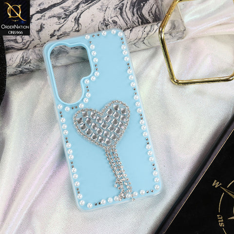 Samsung Galaxy S26 Ultra Cover - SkyBlue -  Stuninng Pearls And Heart Shaped RhineStones Hard Case With Double Protective Layers