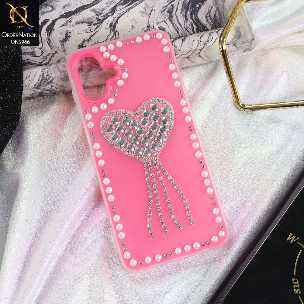 Samsung Galaxy M07 Cover - Pink -  Stuninng Pearls And Heart Shaped RhineStones Hard Case With Double Protective Layers