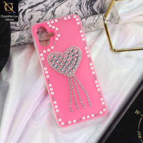 Samsung Galaxy M07 Cover - Pink -  Stuninng Pearls And Heart Shaped RhineStones Hard Case With Double Protective Layers