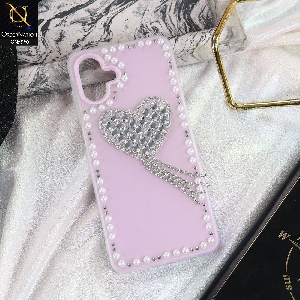 Samsung Galaxy A07 4G Cover - Purple -  Stuninng Pearls And Heart Shaped RhineStones Hard Case With Double Protective Layers