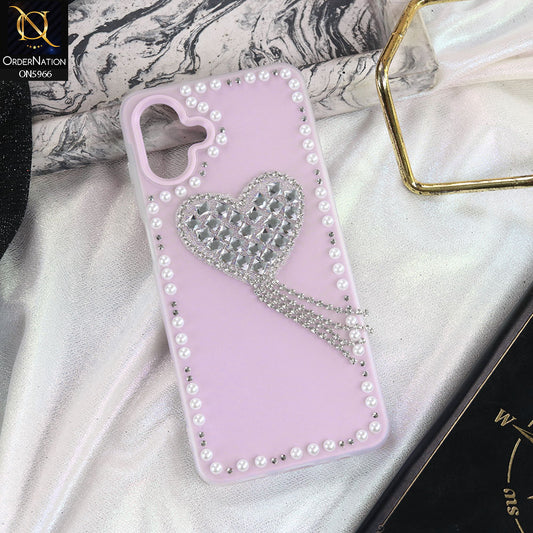 Samsung Galaxy F07 Cover - Purple -  Stuninng Pearls And Heart Shaped RhineStones Hard Case With Double Protective Layers