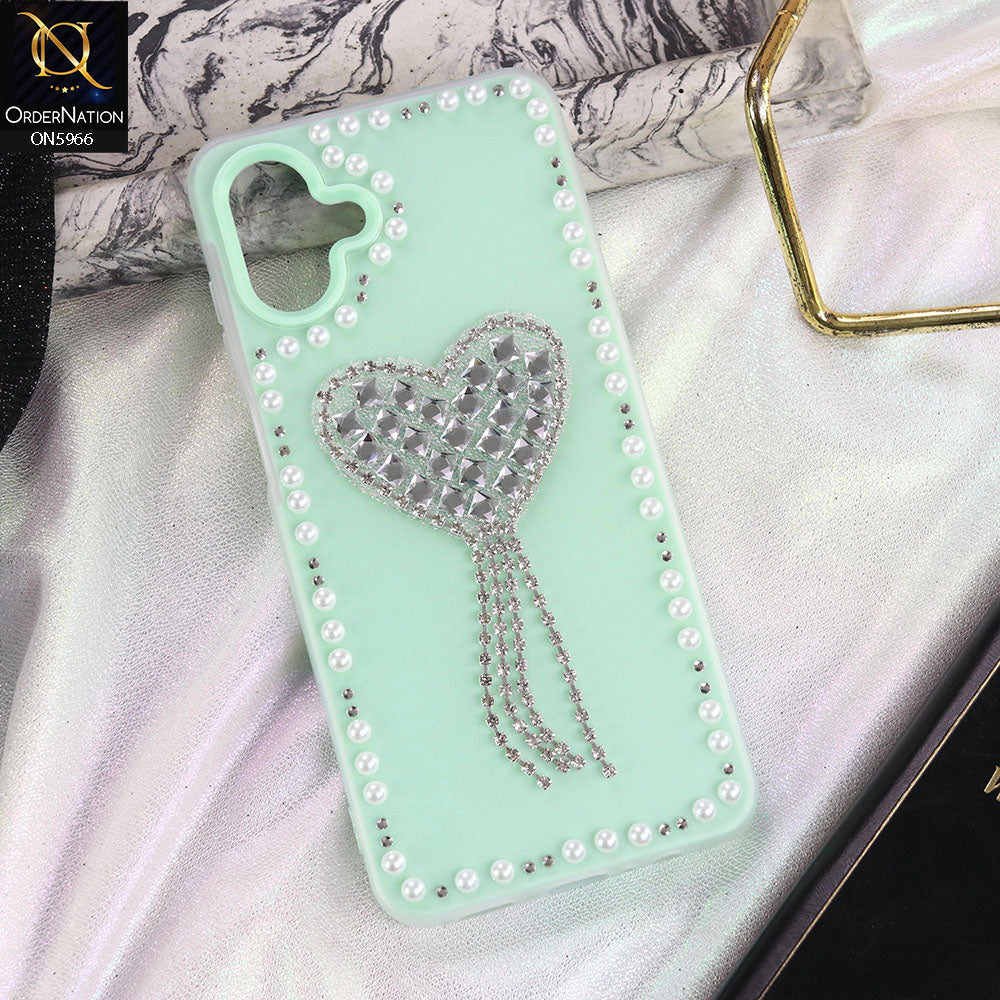 Samsung Galaxy M07 Cover - Sea green -  Stuninng Pearls And Heart Shaped RhineStones Hard Case With Double Protective Layers