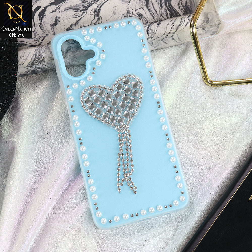 Samsung Galaxy F07 Cover - SkyBlue -  Stuninng Pearls And Heart Shaped RhineStones Hard Case With Double Protective Layers