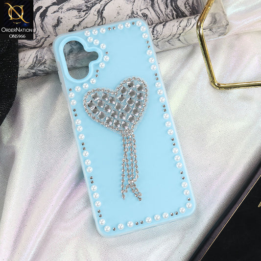 Samsung Galaxy F07 Cover - SkyBlue -  Stuninng Pearls And Heart Shaped RhineStones Hard Case With Double Protective Layers