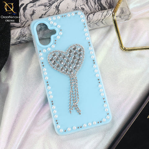 Samsung Galaxy F07 Cover - SkyBlue -  Stuninng Pearls And Heart Shaped RhineStones Hard Case With Double Protective Layers