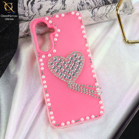 Samsung Galaxy A16 Cover - Pink -  Stuninng Pearls And Heart Shaped RhineStones Hard Case With Double Protective Layers