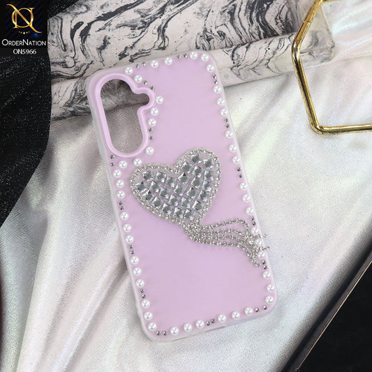 Samsung Galaxy A16 5G Cover - Pink -  Stuninng Pearls And Heart Shaped RhineStones Hard Case With Double Protective Layers