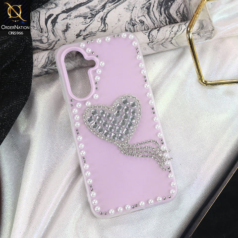 Samsung Galaxy A16 5G Cover - Pink -  Stuninng Pearls And Heart Shaped RhineStones Hard Case With Double Protective Layers