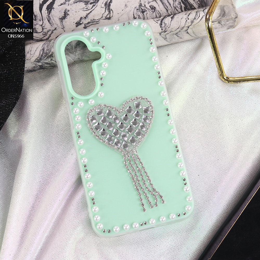 Samsung Galaxy A17 Cover - Sea green -  Stuninng Pearls And Heart Shaped RhineStones Hard Case With Double Protective Layers