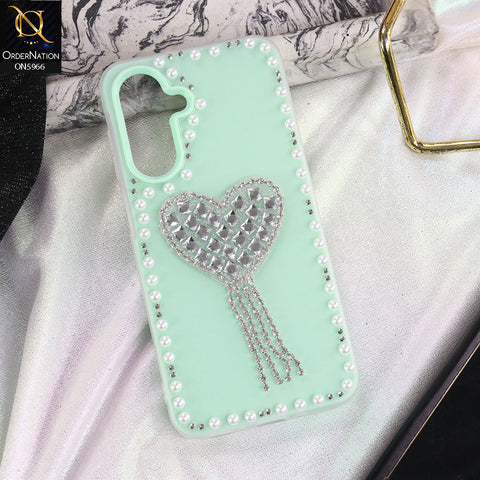 Samsung Galaxy A17 Cover - Sea green -  Stuninng Pearls And Heart Shaped RhineStones Hard Case With Double Protective Layers