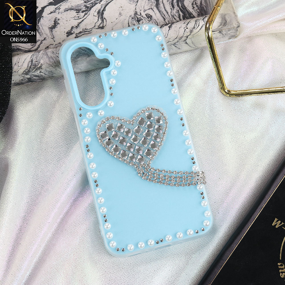 Samsung Galaxy F17 Cover - SkyBlue -  Stuninng Pearls And Heart Shaped RhineStones Hard Case With Double Protective Layers