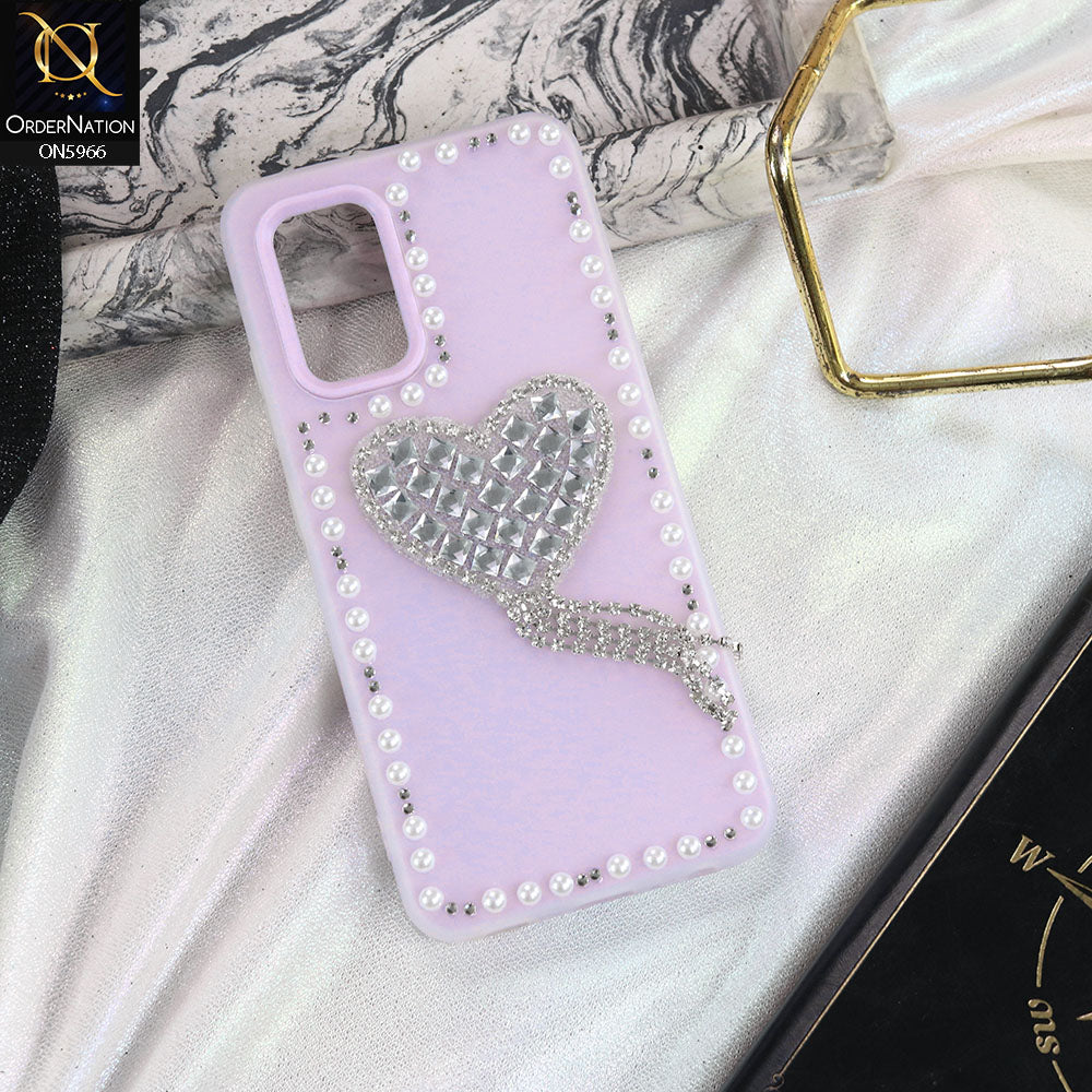 Samsung Galaxy A32 Cover - Purple -  Stuninng Pearls And Heart Shaped RhineStones Hard Case With Double Protective Layers