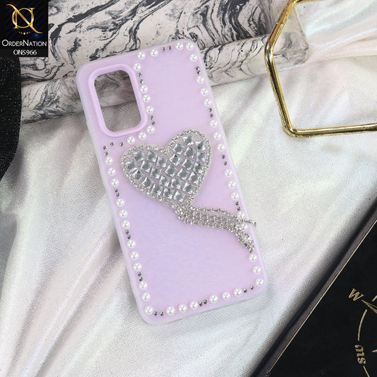 Samsung Galaxy A32 Cover - Purple -  Stuninng Pearls And Heart Shaped RhineStones Hard Case With Double Protective Layers