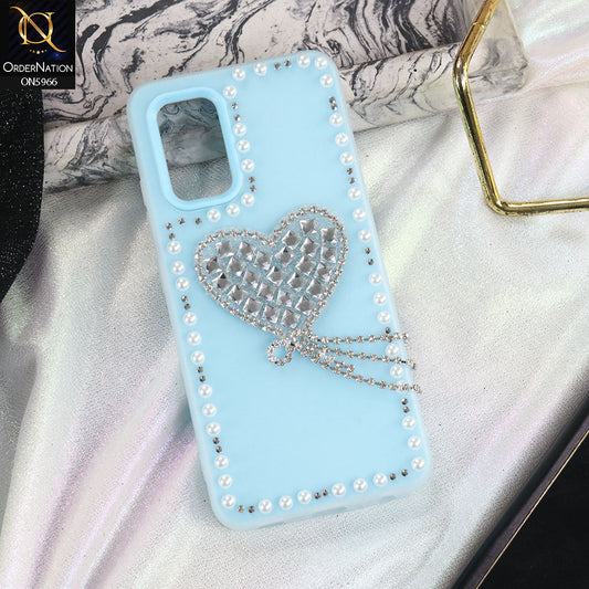 Samsung Galaxy A32 Cover - SkyBlue -  Stuninng Pearls And Heart Shaped RhineStones Hard Case With Double Protective Layers