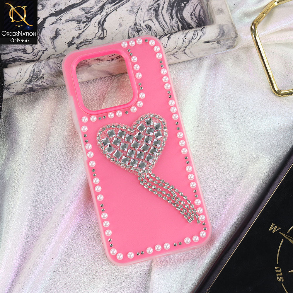 Realme 13 4G Cover - Pink -  Stuninng Pearls And Heart Shaped RhineStones Hard Case With Double Protective Layers