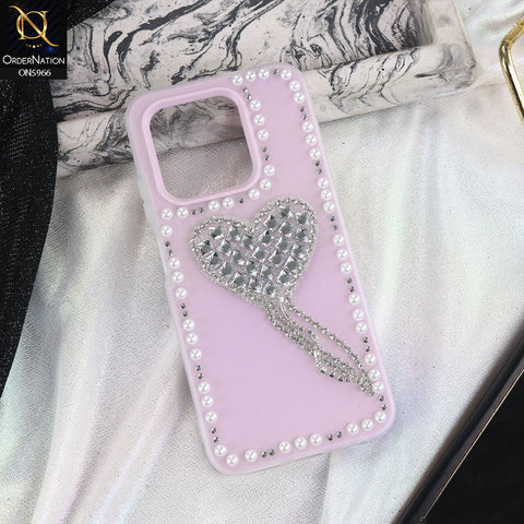 Realme 12 4G Cover - Purple -  Stuninng Pearls And Heart Shaped RhineStones Hard Case With Double Protective Layers