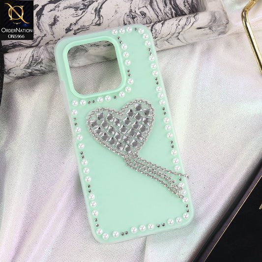 Realme 13 4G Cover - Sea green -  Stuninng Pearls And Heart Shaped RhineStones Hard Case With Double Protective Layers