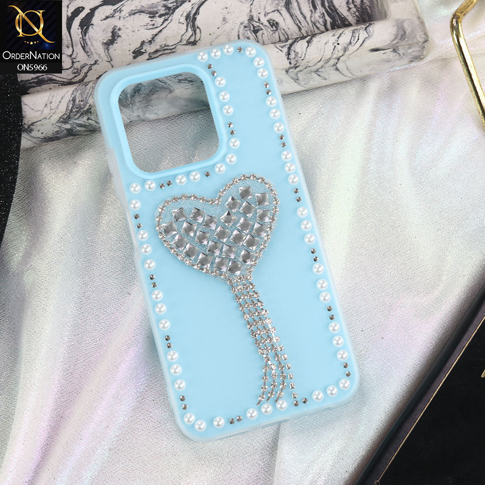 Realme 13 4G Cover - SkyBlue -  Stuninng Pearls And Heart Shaped RhineStones Hard Case With Double Protective Layers