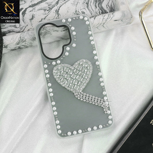 Vivo V60 Cover - Black -  Stuninng Pearls And Heart Shaped RhineStones Hard Case With Double Protective Layers