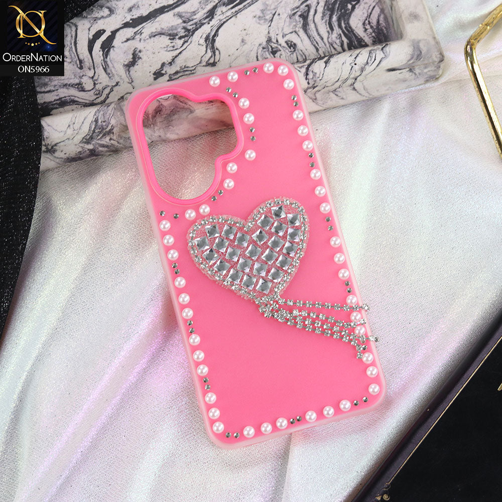 Vivo T4 Pro Cover - Pink -  Stuninng Pearls And Heart Shaped RhineStones Hard Case With Double Protective Layers