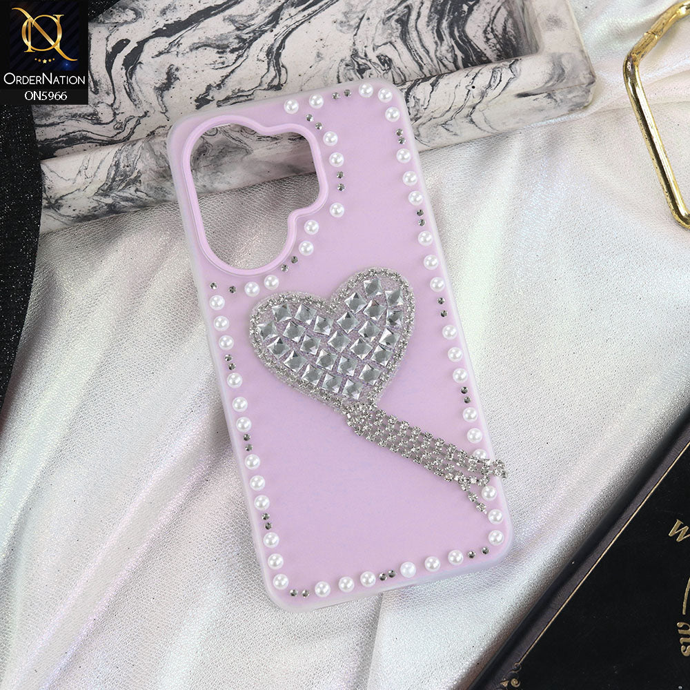 Vivo V60 Cover - Purple -  Stuninng Pearls And Heart Shaped RhineStones Hard Case With Double Protective Layers