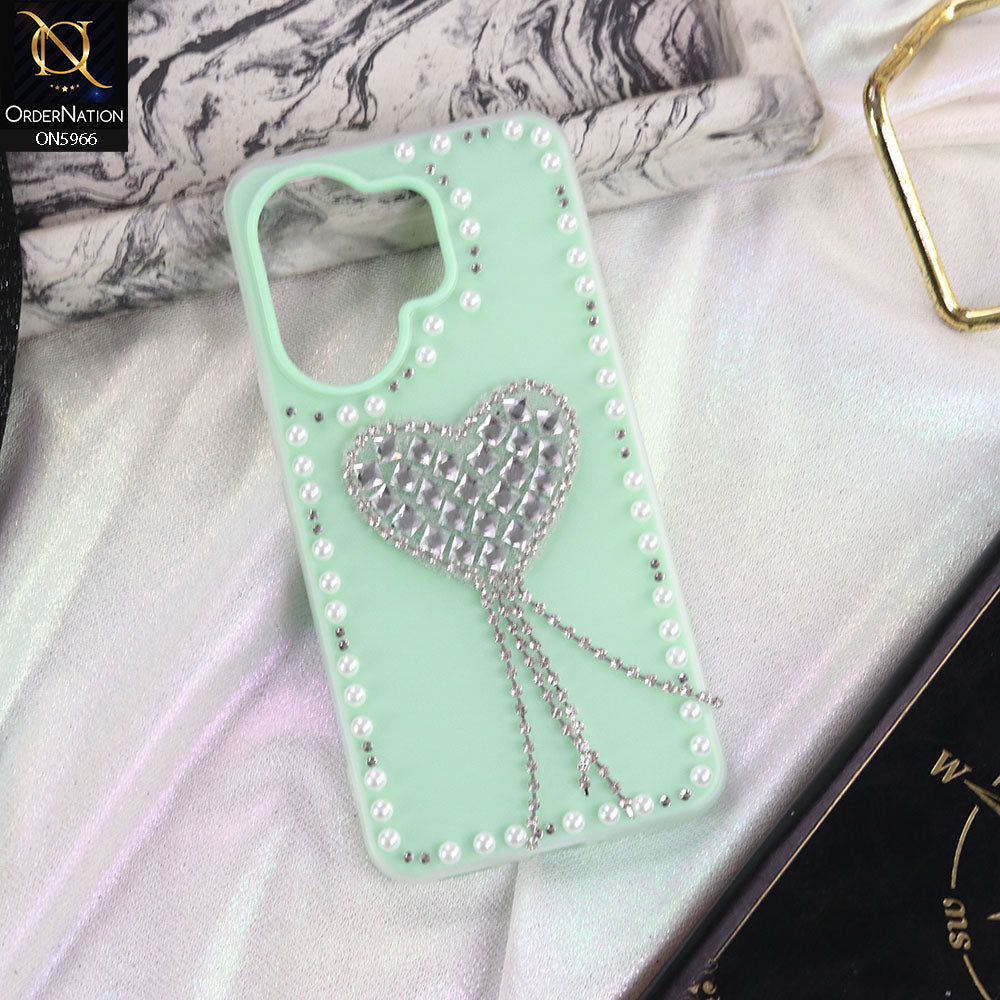 Vivo Y300t / Vivo T4x Cover - Sea green -  Stuninng Pearls And Heart Shaped RhineStones Hard Case With Double Protective Layers