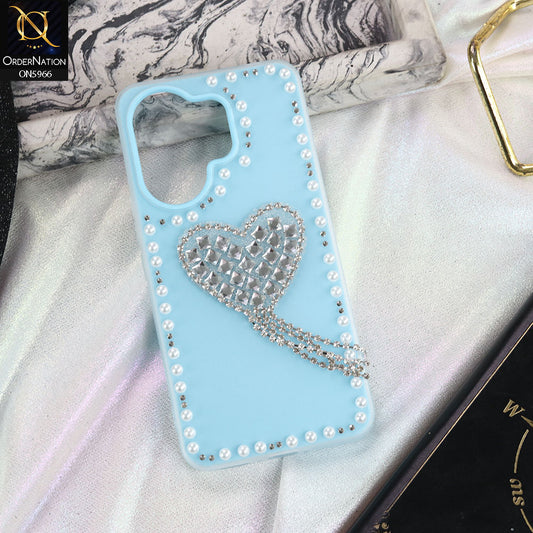 Vivo V60 Cover - SkyBlue -  Stuninng Pearls And Heart Shaped RhineStones Hard Case With Double Protective Layers