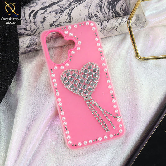 Vivo V60 Lite 5G Cover - Pink -  Stuninng Pearls And Heart Shaped RhineStones Hard Case With Double Protective Layers