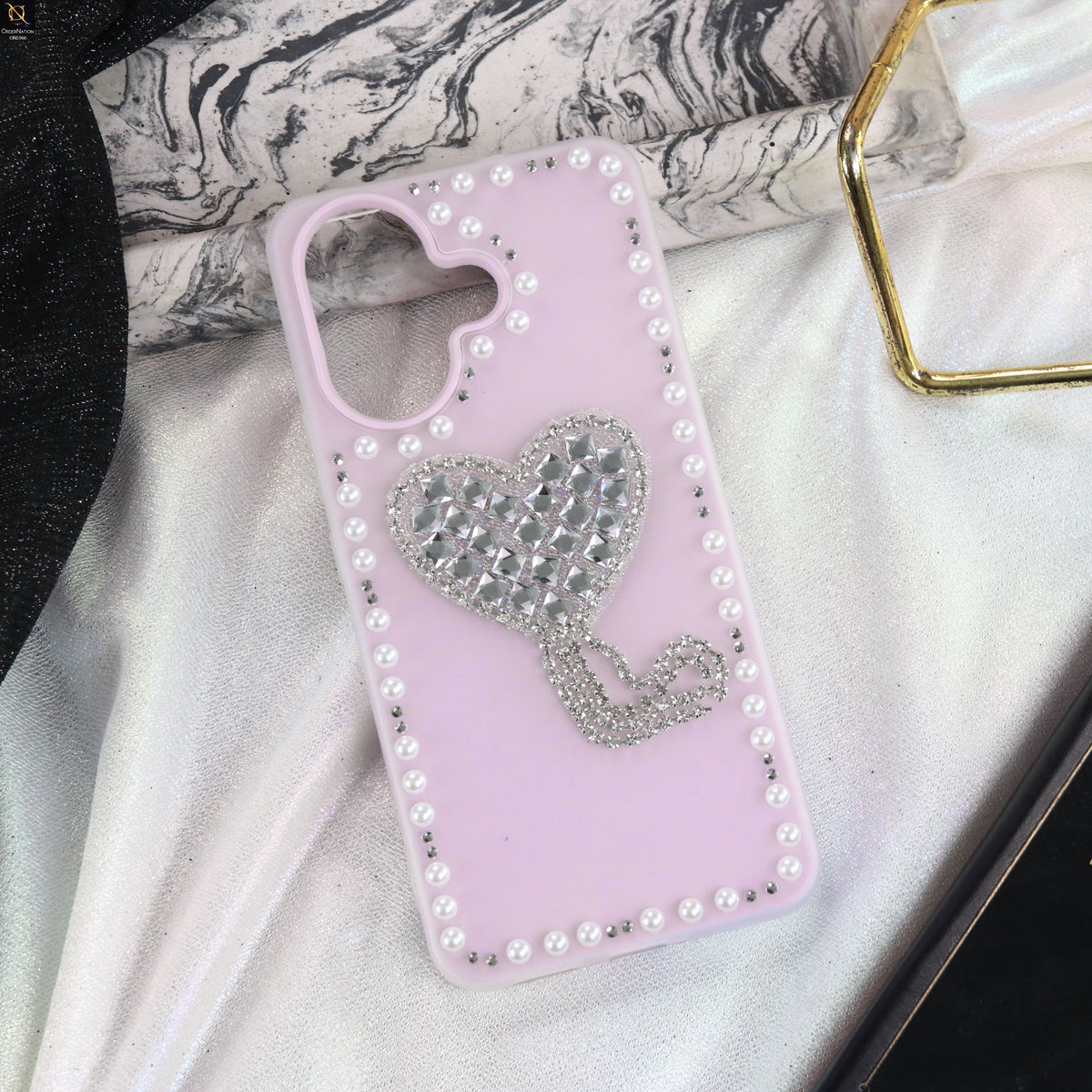 Vivo V60 Lite 5G Cover - Purple -  Stuninng Pearls And Heart Shaped RhineStones Hard Case With Double Protective Layers