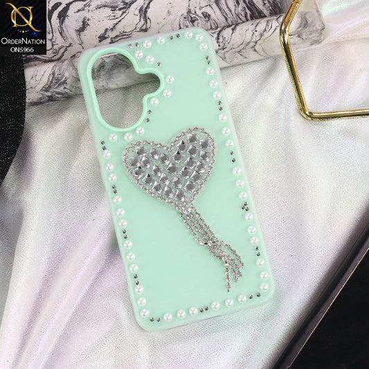 Vivo V60 Lite 5G Cover - Sea green -  Stuninng Pearls And Heart Shaped RhineStones Hard Case With Double Protective Layers