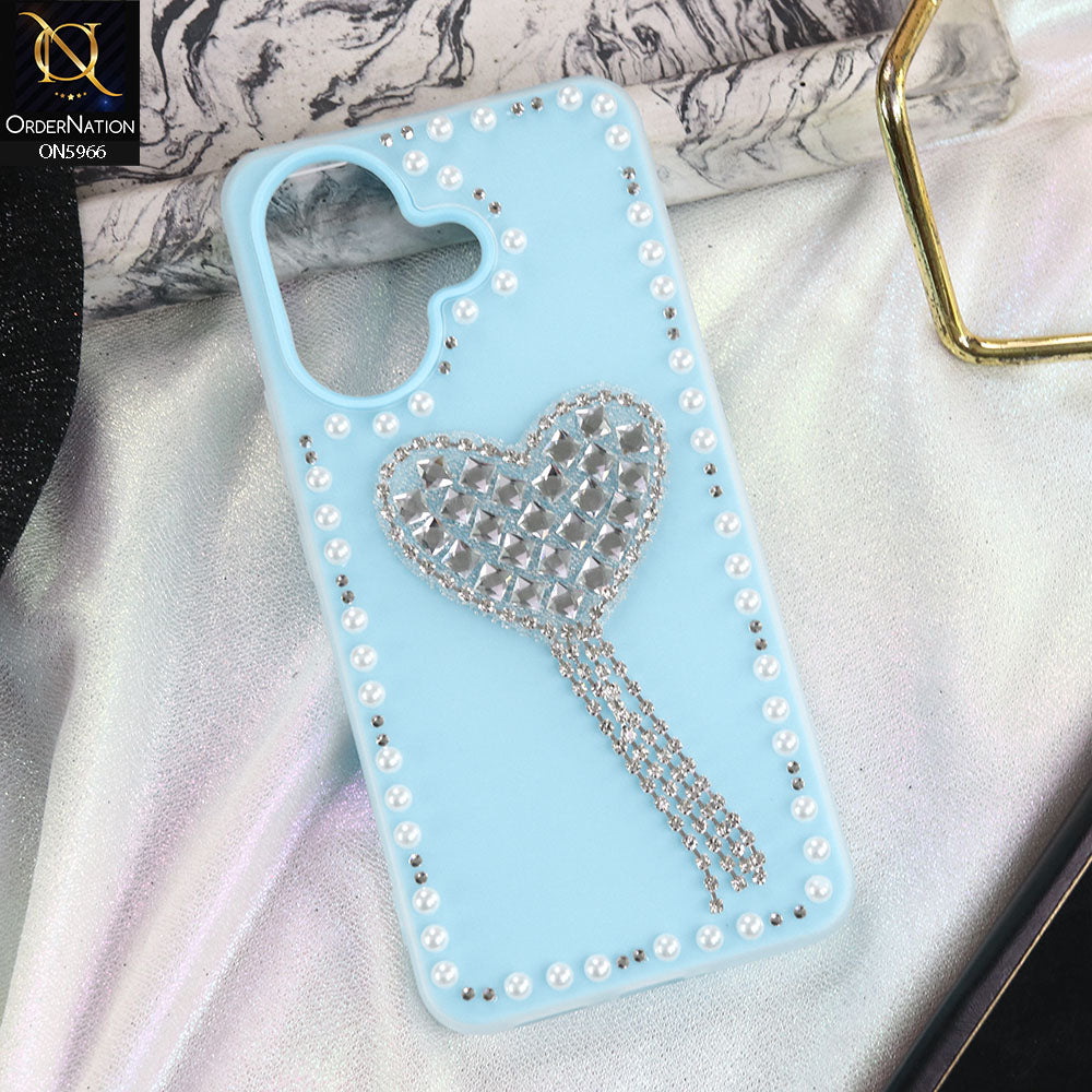 Vivo V60 Lite 5G Cover - SkyBlue -  Stuninng Pearls And Heart Shaped RhineStones Hard Case With Double Protective Layers