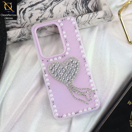 Vivo Y29 4G Cover - Purple -  Stuninng Pearls And Heart Shaped RhineStones Hard Case With Double Protective Layers
