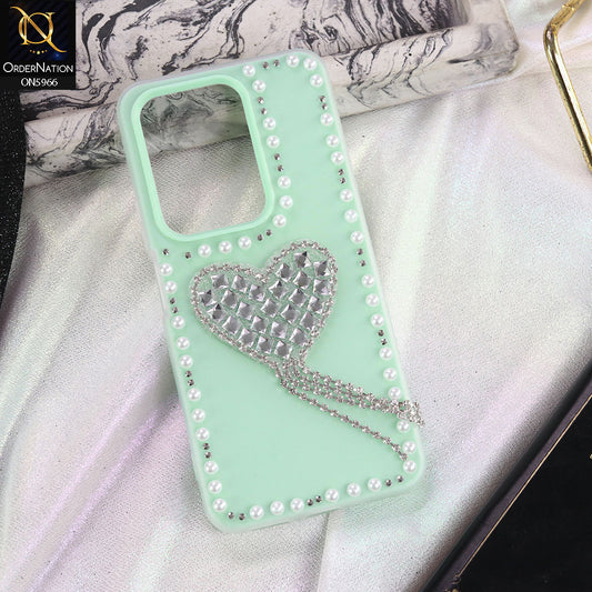 Vivo Y29 4G Cover - Sea green -  Stuninng Pearls And Heart Shaped RhineStones Hard Case With Double Protective Layers