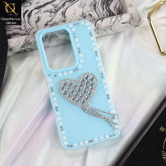 Vivo Y29 4G Cover - SkyBlue -  Stuninng Pearls And Heart Shaped RhineStones Hard Case With Double Protective Layers
