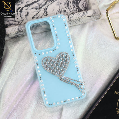 Vivo Y29 4G Cover - SkyBlue -  Stuninng Pearls And Heart Shaped RhineStones Hard Case With Double Protective Layers