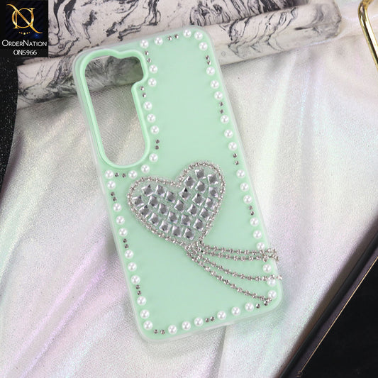 Vivo V40 Lite (IDN) Cover - Sea green -  Stuninng Pearls And Heart Shaped RhineStones Hard Case With Double Protective Layers