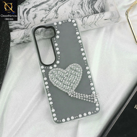 Vivo Y400 4G Cover - Black -  Stuninng Pearls And Heart Shaped RhineStones Hard Case With Double Protective Layers